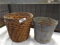 Galvanized Bucket (has dents) & Basket Trash Can