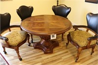 Wood Table with (4) Rolling Leather Back Chairs