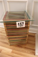 Colored Wood Slat Stacked Table with Glass Top