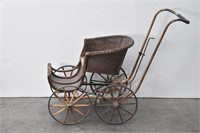 Antique Baby Stroller Metal Wheels Wicker Basket