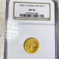 1843-O $2.50 Gold Quarter Eagle NGC - AU53 LRG O