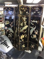 Asian black lacquer room divider with peacocks