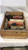 Wooden crate of vintage train engines
