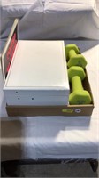 Dumbbell weights, jewelry box, signs