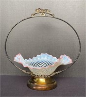 Opalescent Glass Victorian Brides Basket in Holder