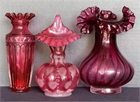Three Fenton Cranberry Ruffled Vases