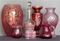 Eight Cranberry Ruby Art Glass Vases