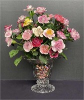 A Bone China Rose Bouquet in a Fostoria Vase
