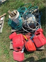 Plastic gas cans, garden hose, straps, etc