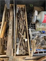 auger bits and assorted tools in wood box