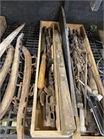 level auger bits and assorted tools and wood box