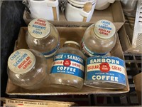 4 Chase and Sanborn glass coffee jars and tin