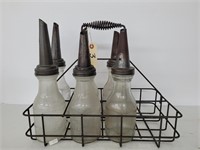 (6) Vintage Glass Oil Bottles with Spouts in Rack