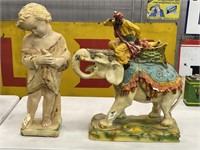 Pair Plaster Statues Inc Man Riding Elephant &