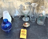 Box lot oil lamp globes & glass milk bottle
