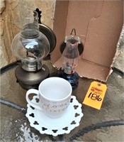 2 Oil Lamps, plate and Phoenix coffee cup