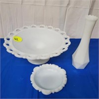 MILK GLASS LACE FRUIT STAND AND VASE/ BOWL