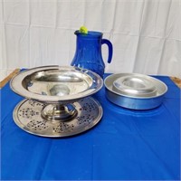 BLUE PITCHER AND SERVING TRAYS