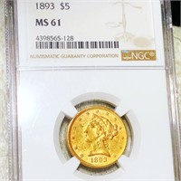 1893 $5 Gold Half Eagle NGC - MS61