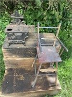 PRIMITIVE DOLL HIGH CHAIR & SMALL CI STOVE