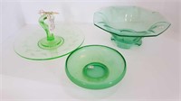 3 GREEN VASELINE GLASS PIECES