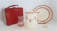 VINTAGE TIN LUNCHBOX + HAND PAINTED PITCHER +