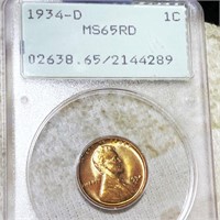 1934-D Lincoln Wheat Penny PCGS - MS 65 RD