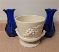 Cobalt Vases x2 & Hull Flower Pot