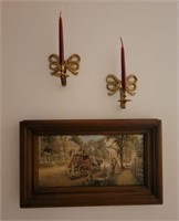 Vintage Art & 2 Brass Wall Candle Holders
