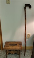 Handcrafted Step Stool & Carved Cane