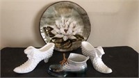 Milk glass & porcelain shoes, decorative plate