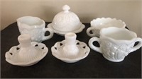 Milk Glass candle sticks holders, candy dish,