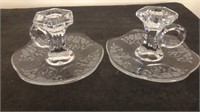 Etched glass candlestick holders