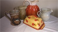 Stoneware pitcher, mugs and butter dish