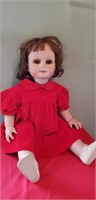 26" porcelain doll, brown glass eyes, eye lashes,