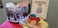 Sewing tin full of items & Slipcover Book