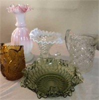 Glass Vases, Pitchers and ruffle candy dish