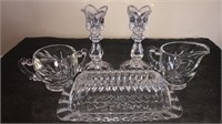 Clear Glass candle stick holders, butter, creamer