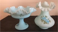 Fenton pale blue hand painted vase & compote