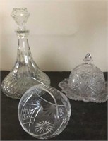 Glass decanter, cheese ball plate, basket