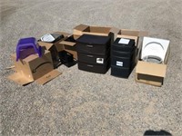 Assorted Storage Containers, Litter Box, Pot.
