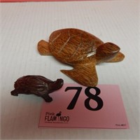 HAND CARVED TURTLE 5 IN & WOODEN TURTLE 2.5 IN