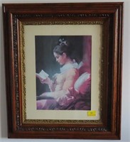 LADY READING A BOOK PRINT WITH ANTIQUE FRAME