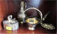 6 BRASS ITEMS: DUCKS, BASKET, DISH, BOX, VASE