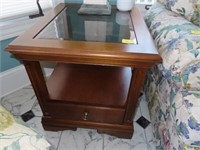 WALNUT SINGLE DRAWER BEVELED GLASS TOP END TABLE