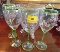 CRYSTAL PITCHER WITH 4 HAND PAINTED WINE GLASSES