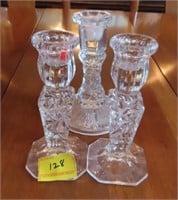 PAIR 6" CRYSTAL CANDLESTICKS AND 1 ODD