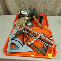 2 Trays of Assorted Clamps, Funnels, Oil Cans