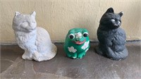 Two small plaster cats and a frog - black cat and