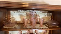 Top shelf - 9 pieces of pink Depression glass,